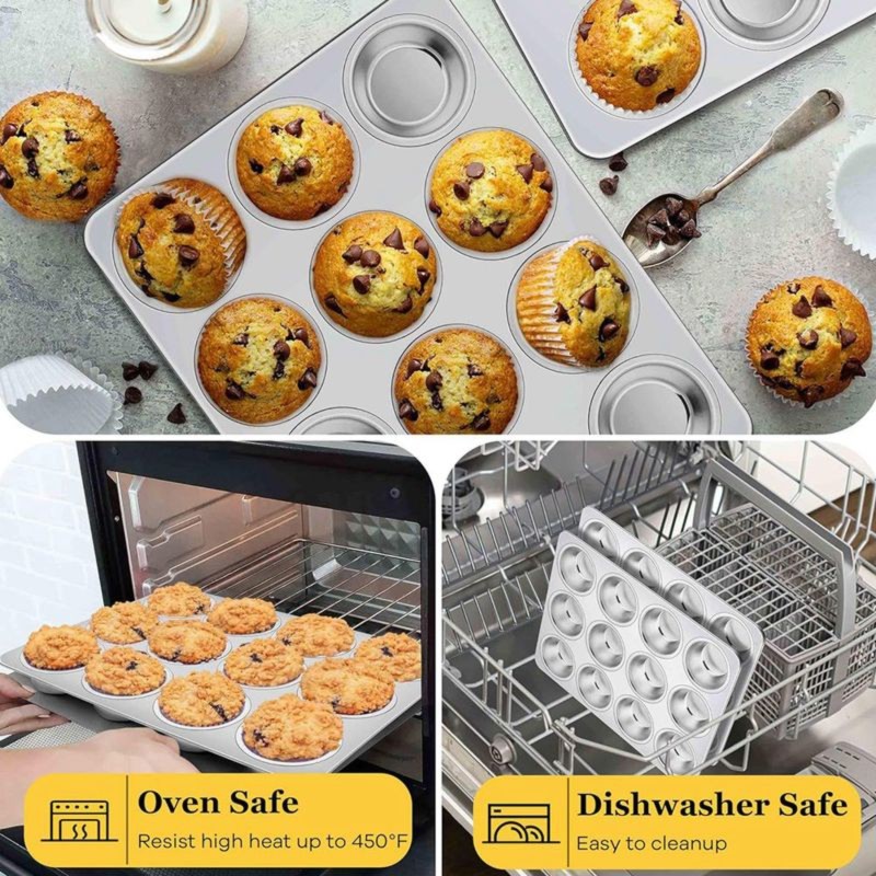 Muffin Tin Nonstick - DT39 Edelstahl-Muffinblech für 12 Cupcakes, Antihaftbeschichtet,