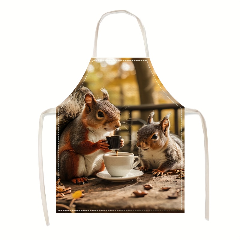 Kitchen Baking Ideas - Leinen-Schürze mit Eichhörnchen-Kaffee-Szenerie-Druck für Küche, Kochen,