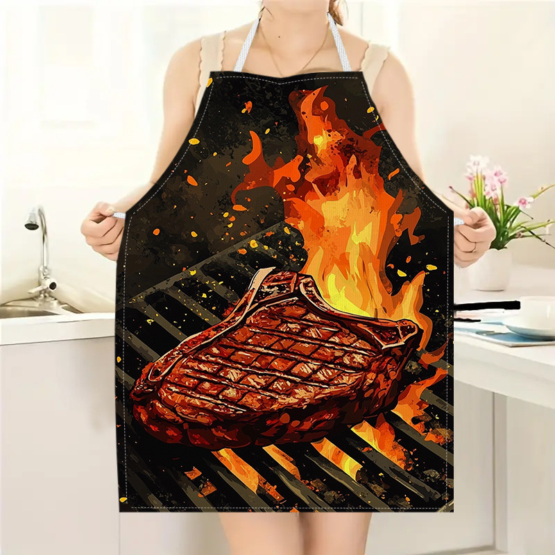 Kitchen Baking Ideas - 1 Stück BBQ-Steak-Schürze mit Flammen-Grill-Print, Küchen-Kochschürze,