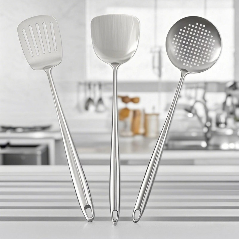 Offset Spatula Set - Edelstahl-Wok-Spatel für Lebensmittel, Metall-Küchenutensilien, Geschlitzter Wender,