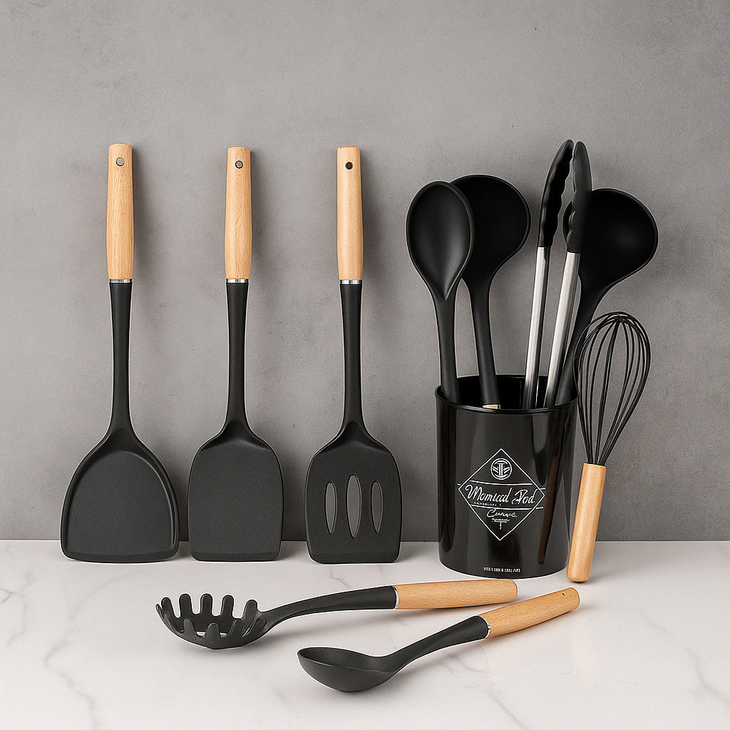 Offset Spatula Set - Silikon-Kochutensilien-Set mit Griffen aus natürlichem Buchenholz,
